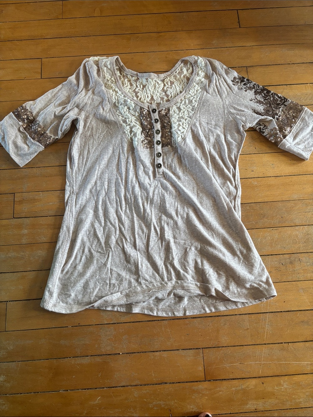 EUC Women's Lace-Trim Sequin Half Button Top in Light Taupe